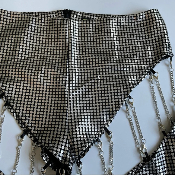 Finesse Sadie Cut-Out Metallic Silver Flare Pants Disco Chains Sz M Burning Man - Picture 7 of 13